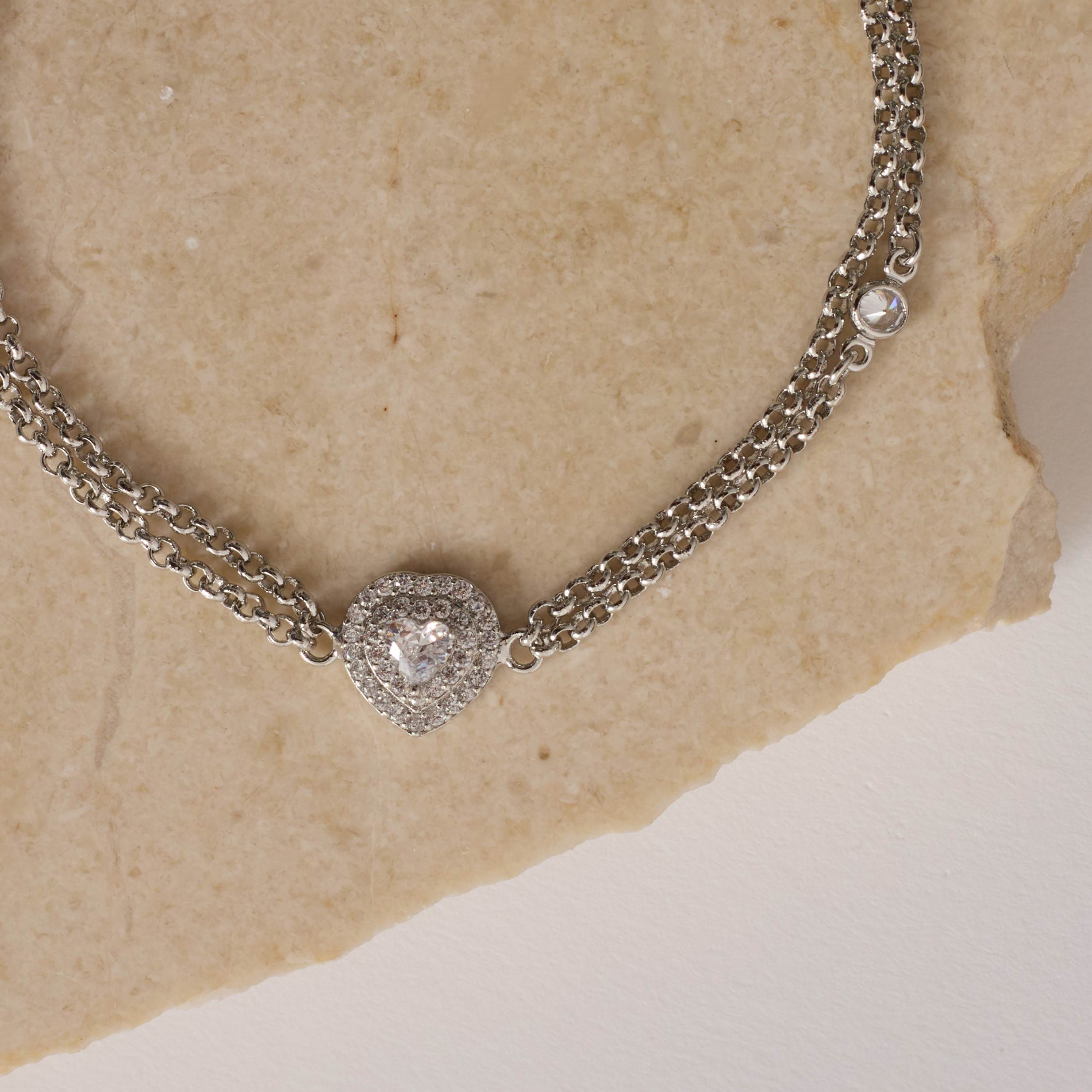 Pulseira entremeio zircônia coração com cravejado 10mm corrente dupla elo português com alongadora